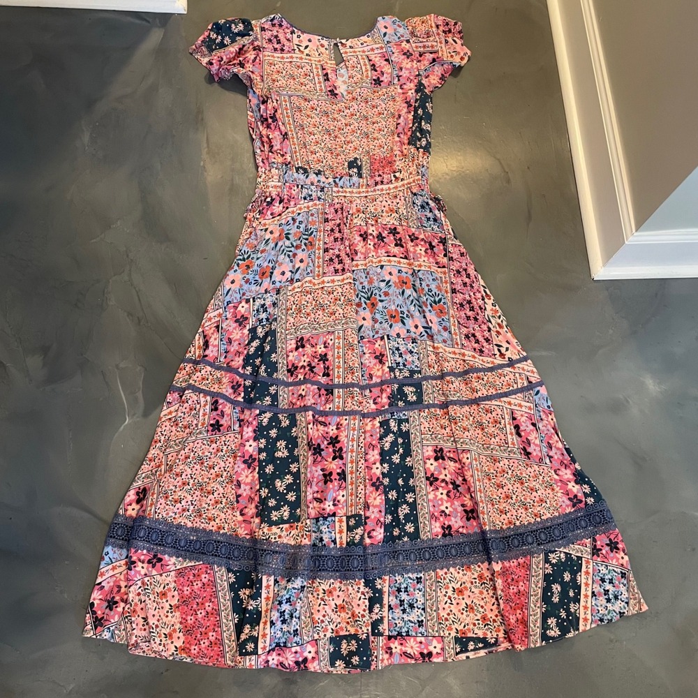 Matilda Jane Wildlife Patchwork Floral  Pink Blue Maxi Dress Flutter Sleeve Med - Picture 8 of 8